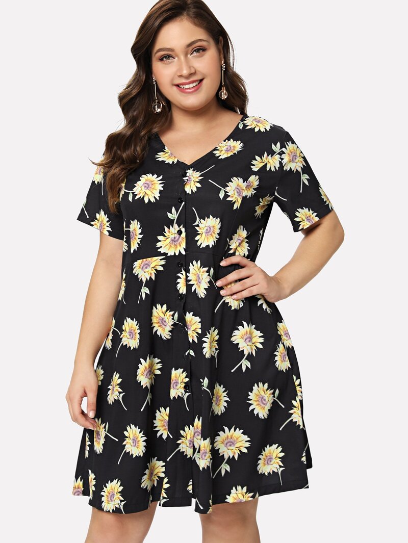 

Plus Floral Button Dress, Black