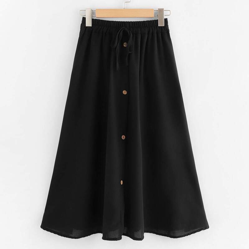 

Drawstring Waist Single Breasted Skirt, Black