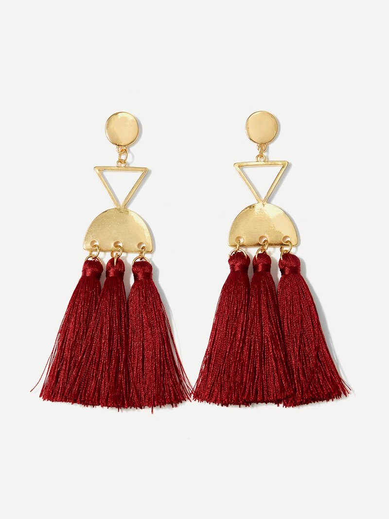 

Half Round Design Tassel Drop Earrings, Red
