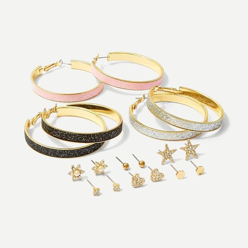 

Glitter Oversized Hoop & Stud Earrings 9pairs, Colorful