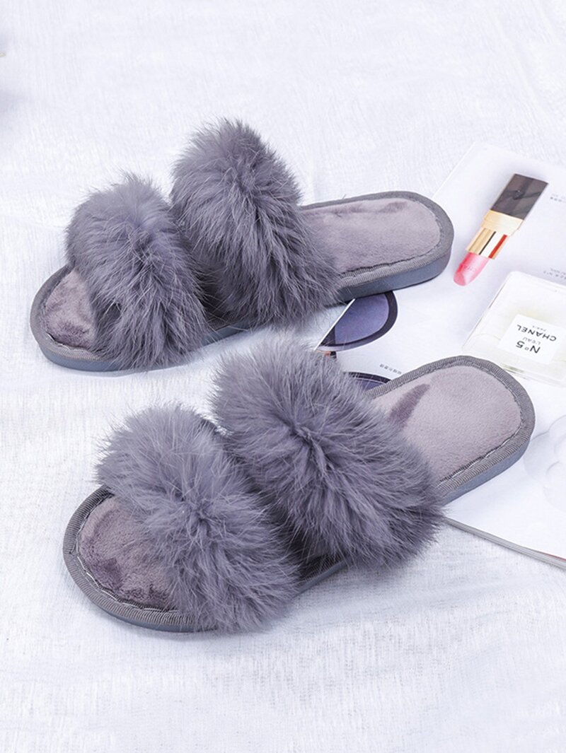 

Faux Fur Flat Slippers, Grey