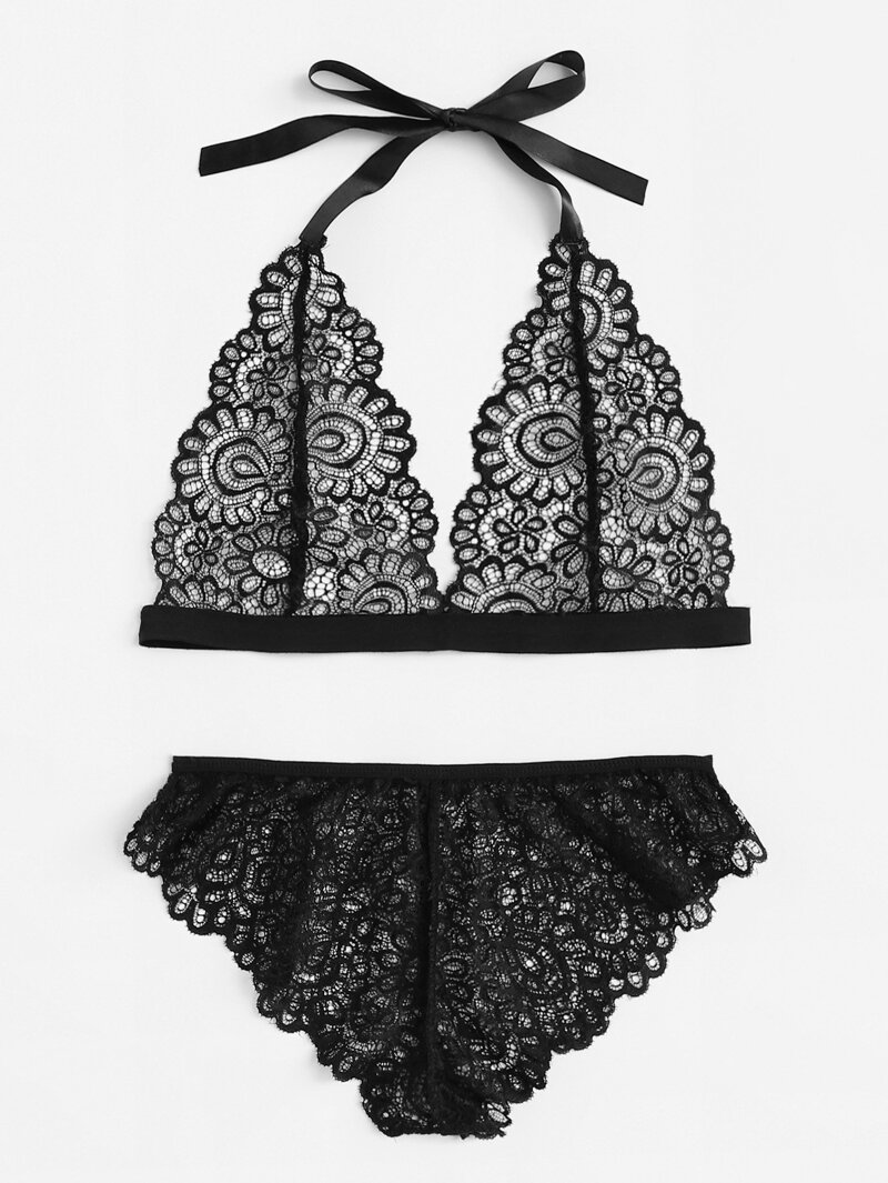 

Lace Halter Lingerie Set, Black