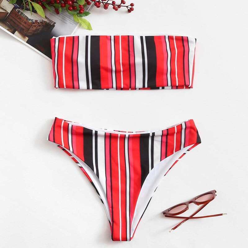 

Striped Bandeau With High Leg Bikini Set, Multicolor