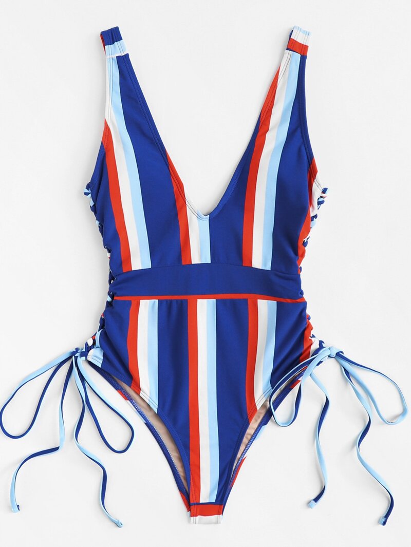 

Lace-Up Striped Swimsuit, Multicolor