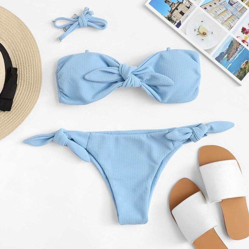 

Knot Front Bandeau With Tie Side Bikini, Blue