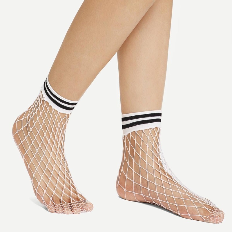 

Striped Hem Net Socks, White