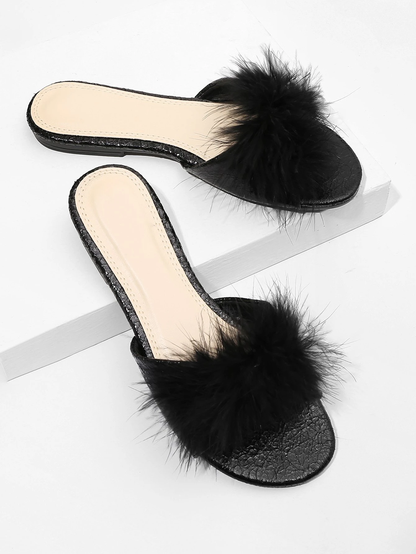 faux fur flat sandals