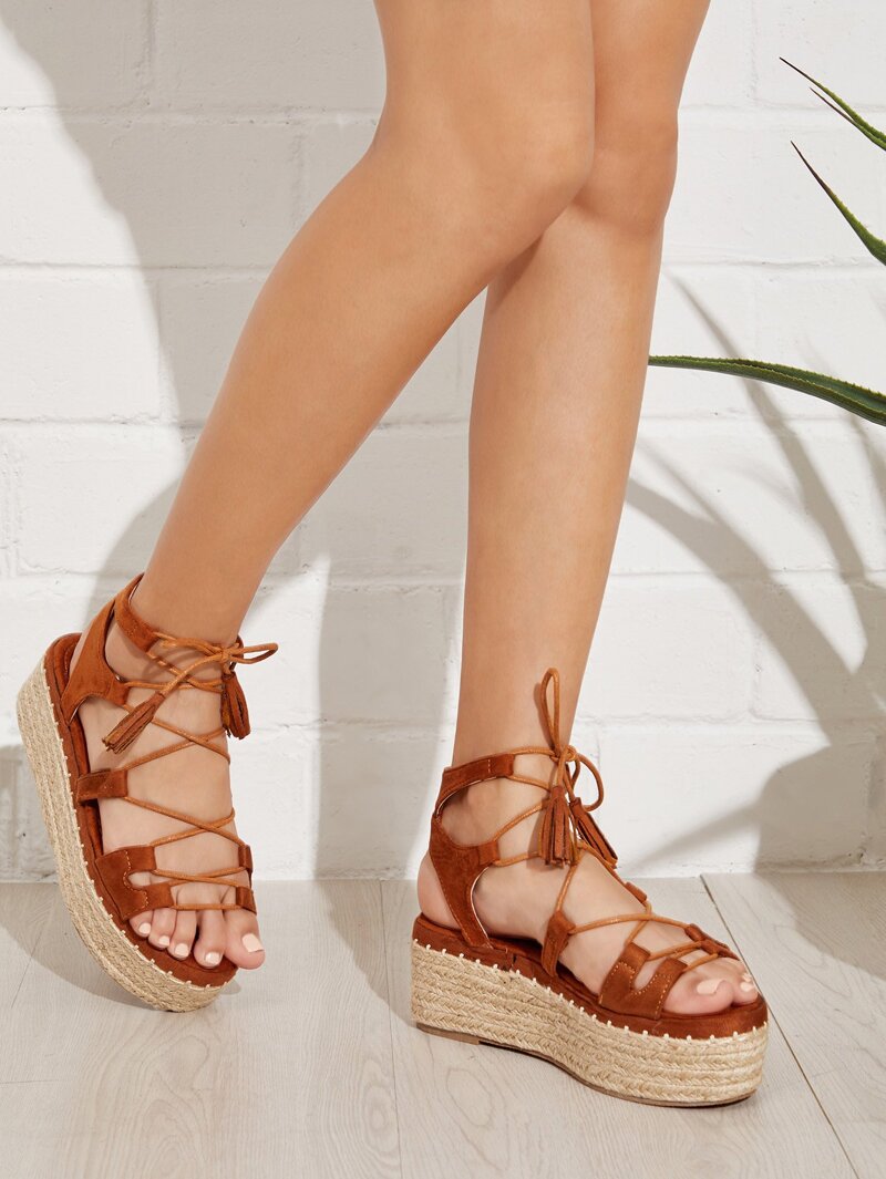 

Tie Leg Wedge Sandals With Tassel, Brown