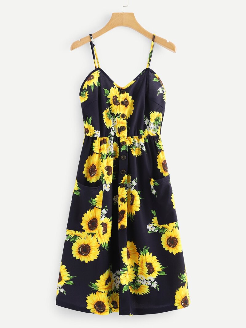 

Sunflower Print Single Breasted Cami Dress, Multicolor