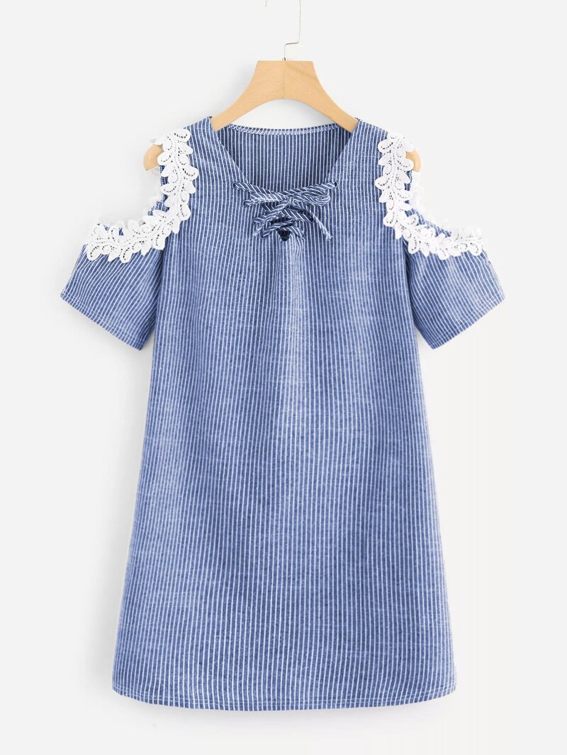

Lace Panel Open Shoulder Striped Dress, Blue