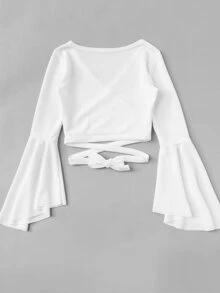 SHEIN EZwear Bell Sleeve Self-Tie Crop Top