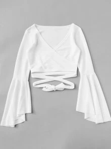 SHEIN EZwear Bell Sleeve Self-Tie Crop Top