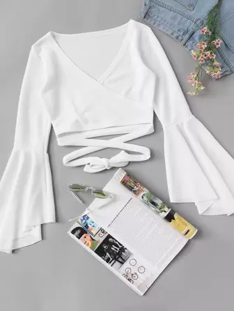 Self-Tie Flounce Sleeve Surplice Crop Top