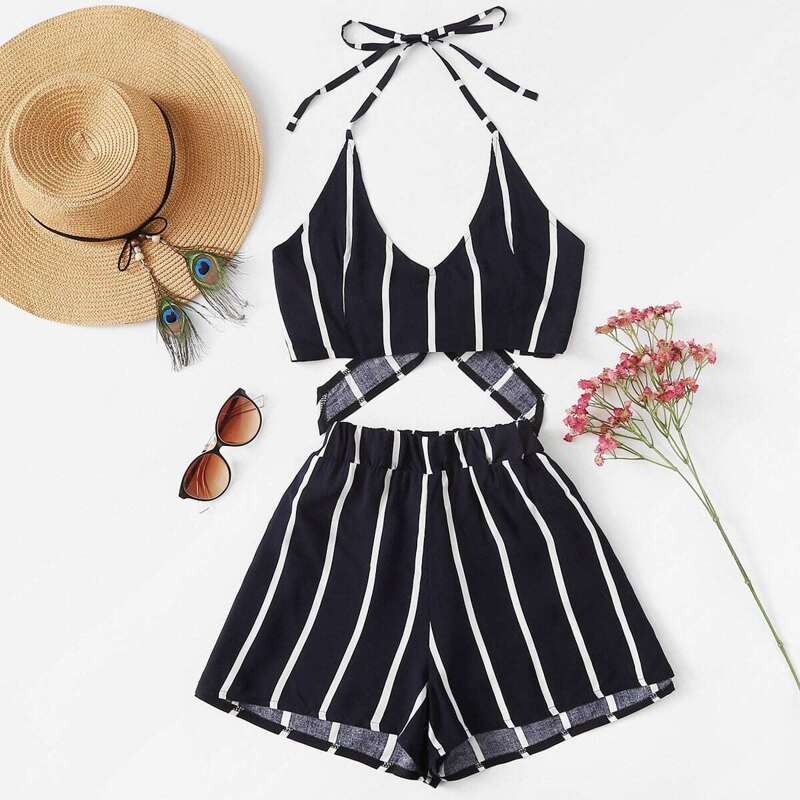

Knot Back Striped Halter Top With Shorts, Navy