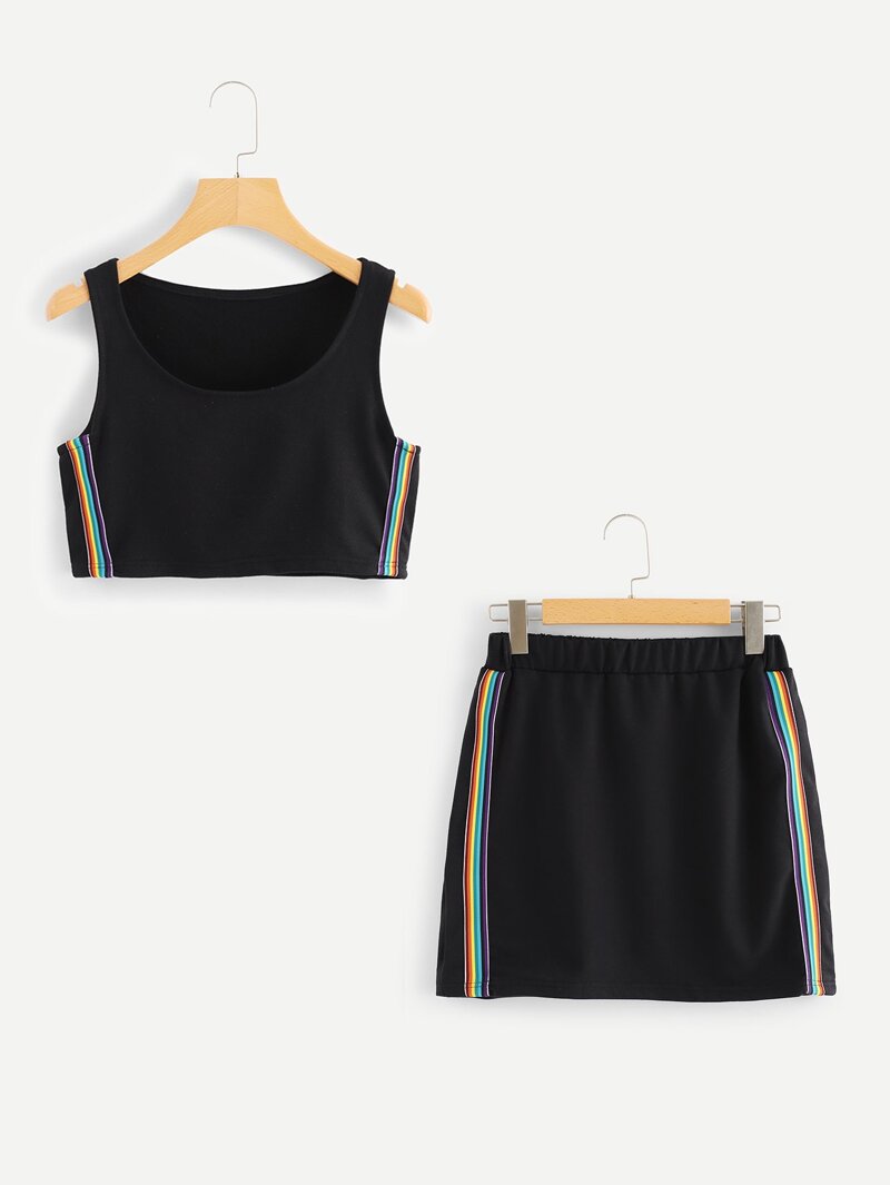 

Colorful Striped Tape Side Top With Skirt, Black