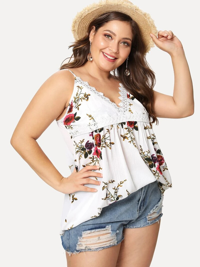 plus lace trim floral cami topfor women romwe