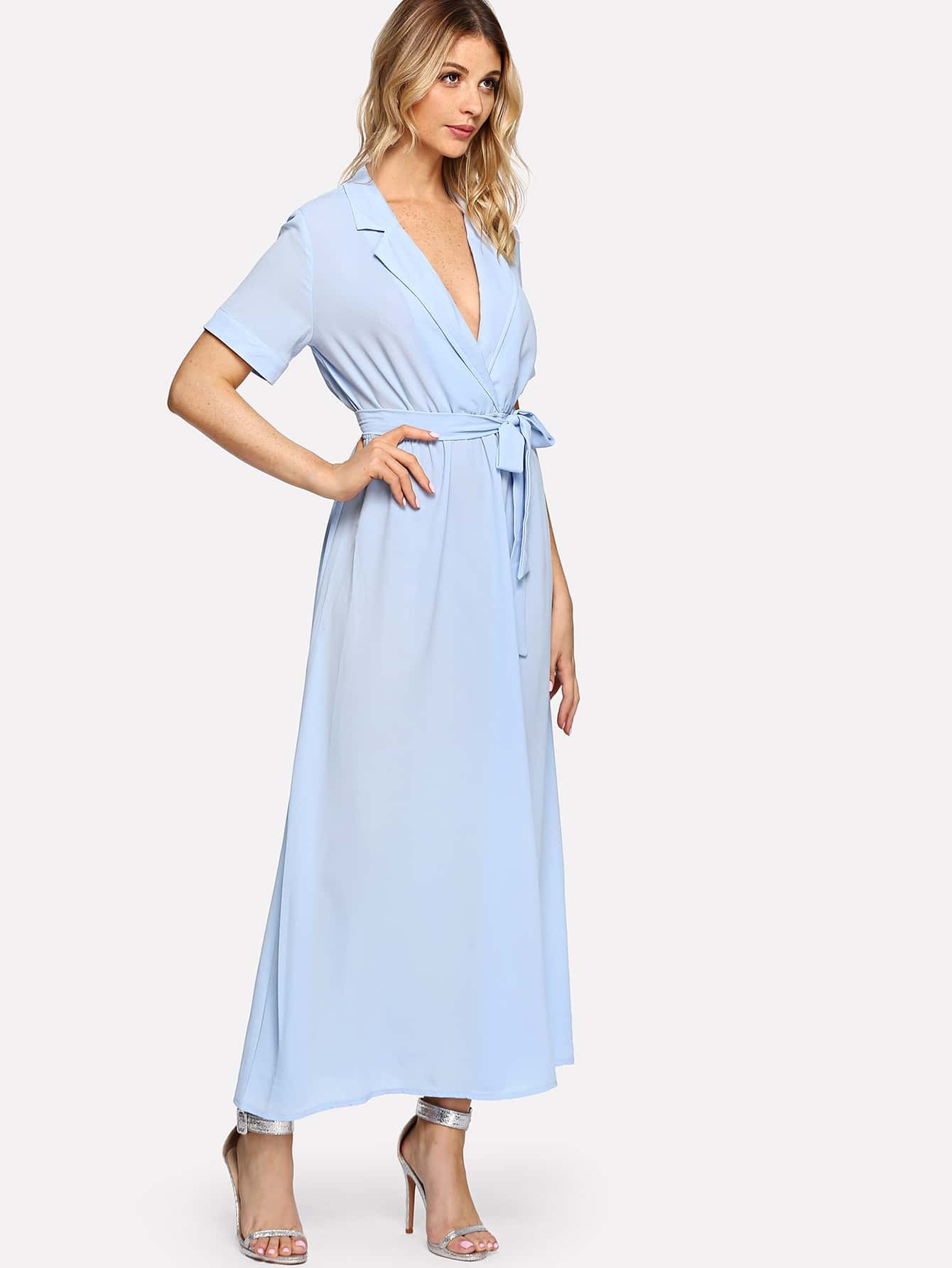 notch collar belted wrap dress