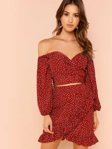 SHEIN Conjunto top de manga farol de hombros descubiertos con falda fruncido - Burdeos - Ver 3