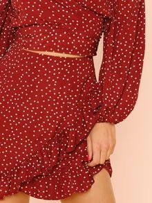 SHEIN Conjunto top de manga farol de hombros descubiertos con falda fruncido - Burdeos - Ver 4