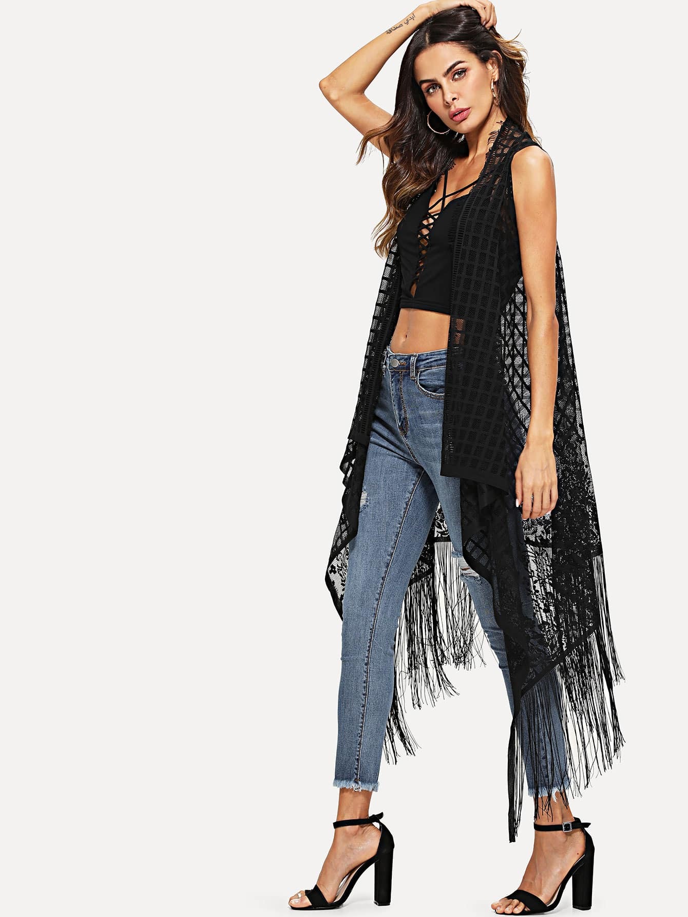 fringe detail see through plaid kimono