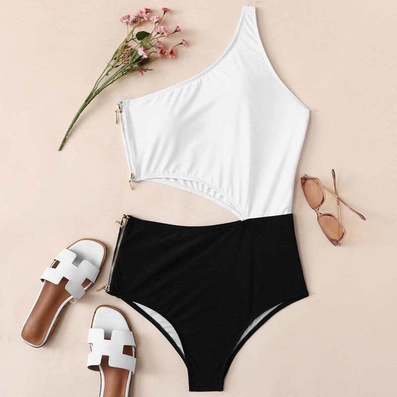 

Two Tone One Shoulder One Piece Swimsuit, Black and white