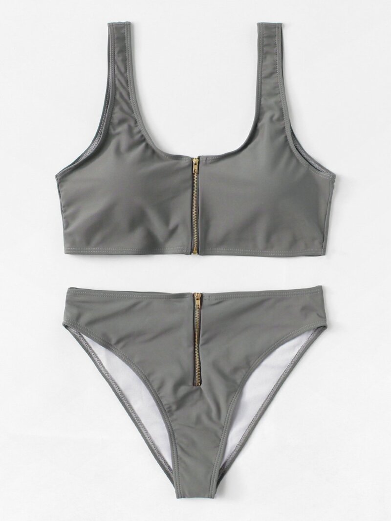 

Zipper Front Plain Bikini Set, Grey