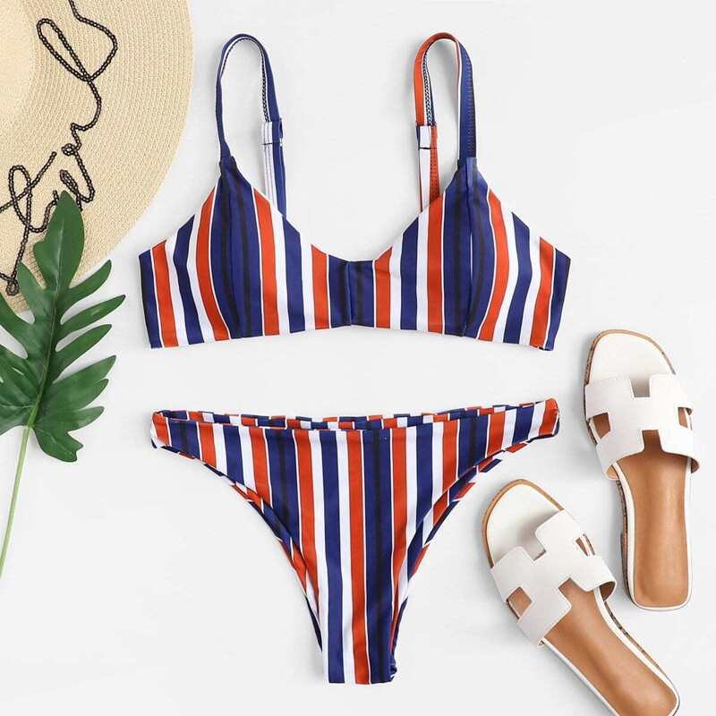 

Striped Print Plunge Top With Cheeky Bikini, Multicolor