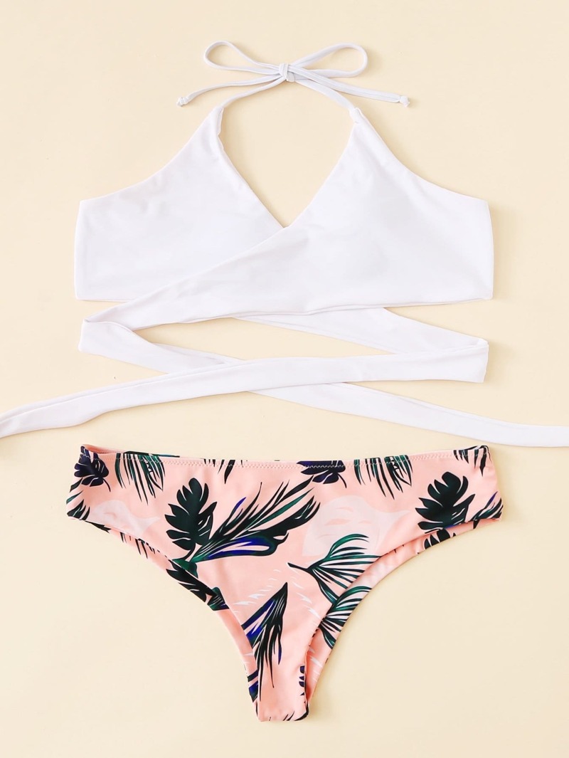 

Leaf Print Halter Bikini Set, Multicolor