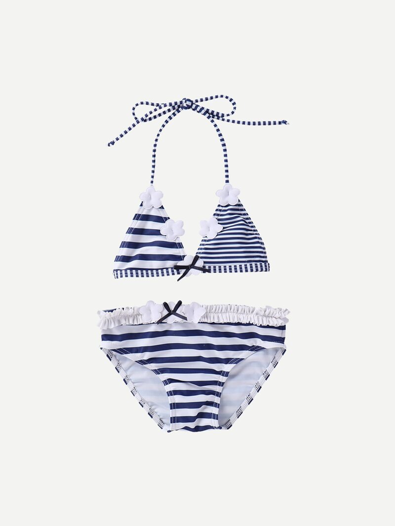 

Girls Frill Trim Striped Bikini Set, Blue