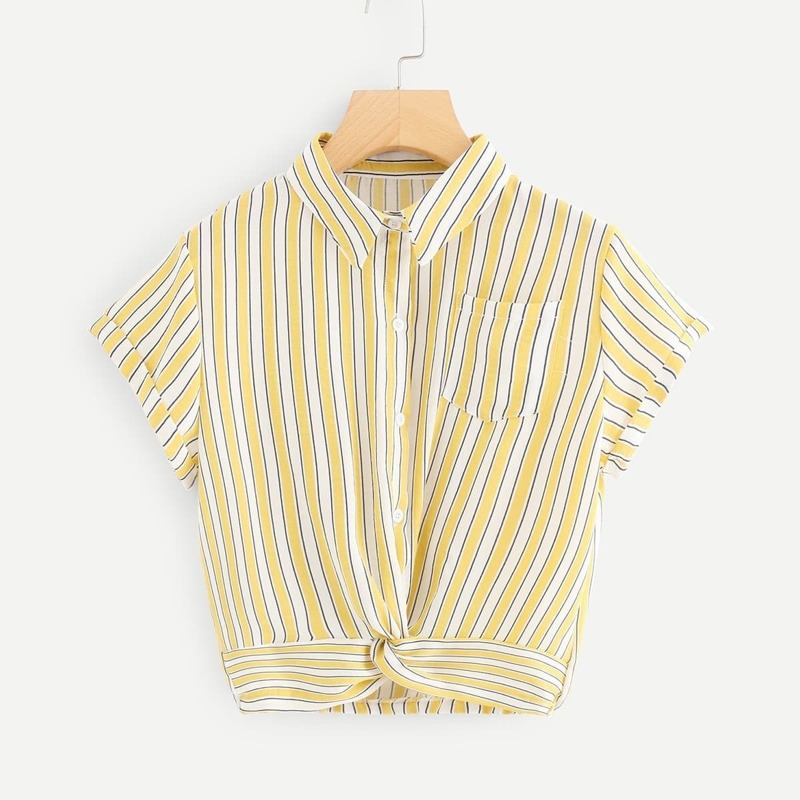 

Striped Pocket Button Twist Blouse, Yellow