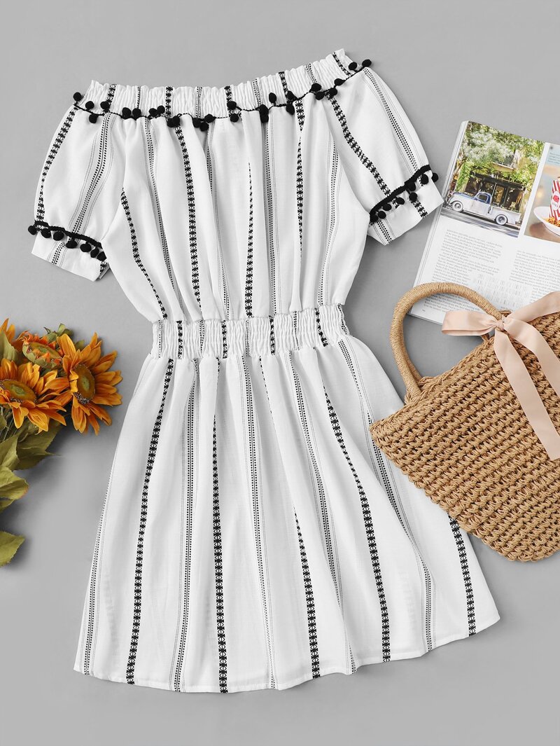 

Off Shoulder Pom Pom Trim Striped Dress, Black and white