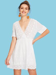 Eyelet Embroidery Scallop Trim Wrap Dress