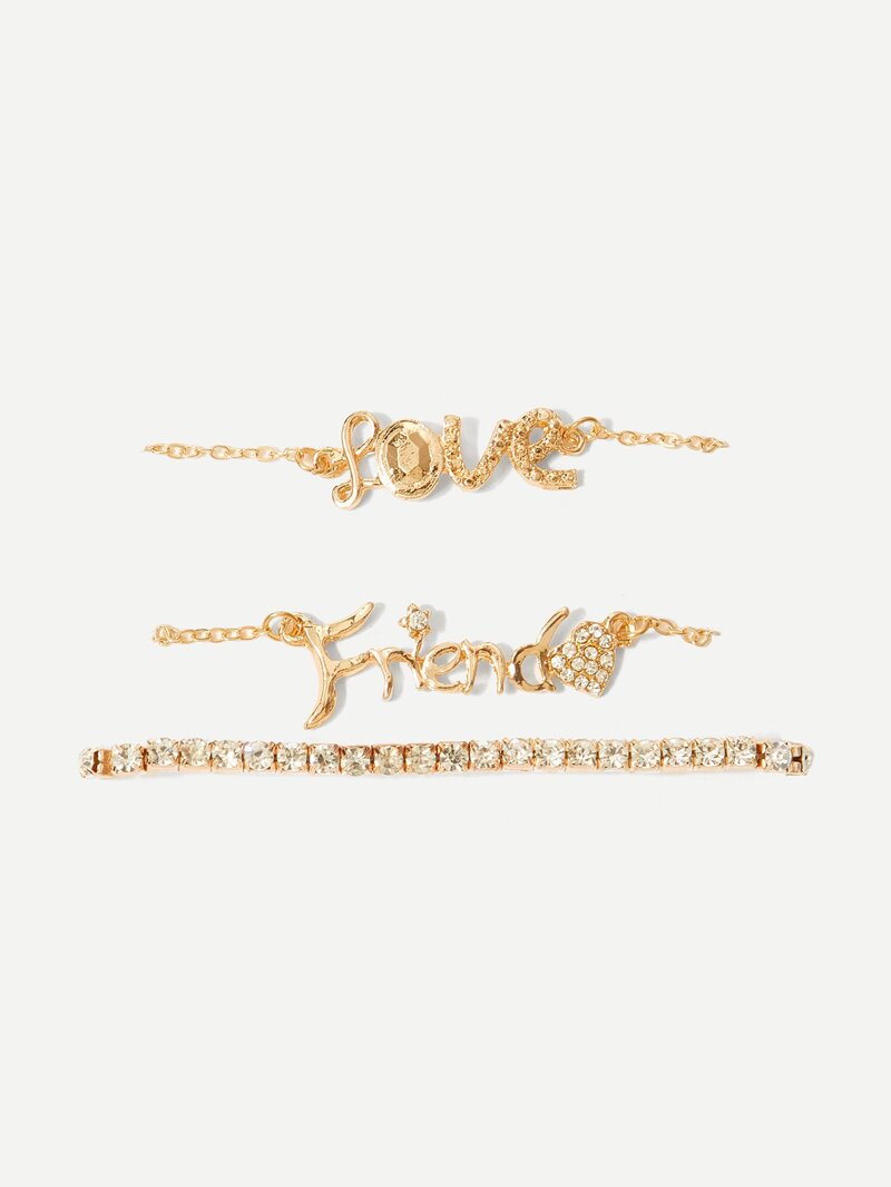 

Rhinestone Letter Chain Bracelet Set 3pcs, Gold