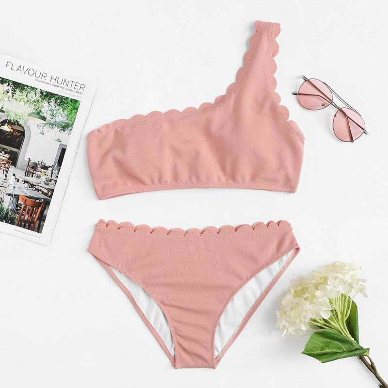 Scalloped Trim One Shoulder Bikini Set, Pink