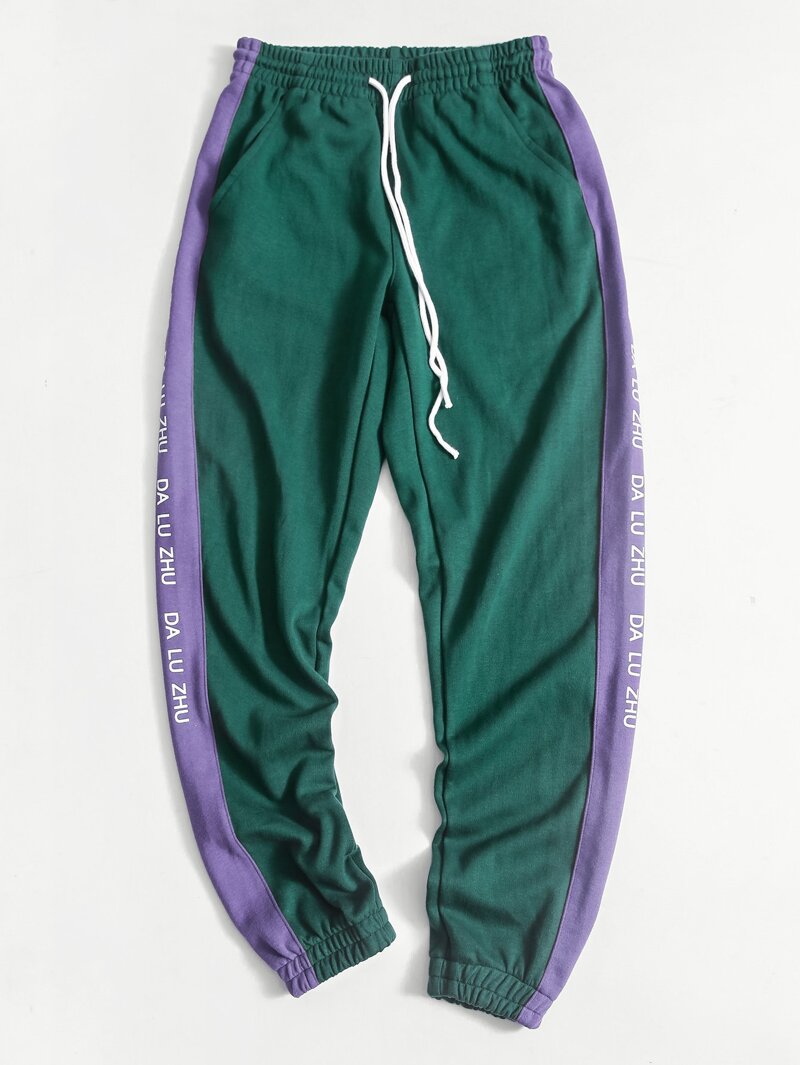 

Men Letter Print Side Color block Drawstring Pants, Green