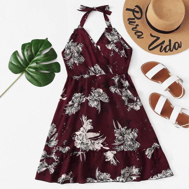 

Open Back Floral Halter Dress, Red