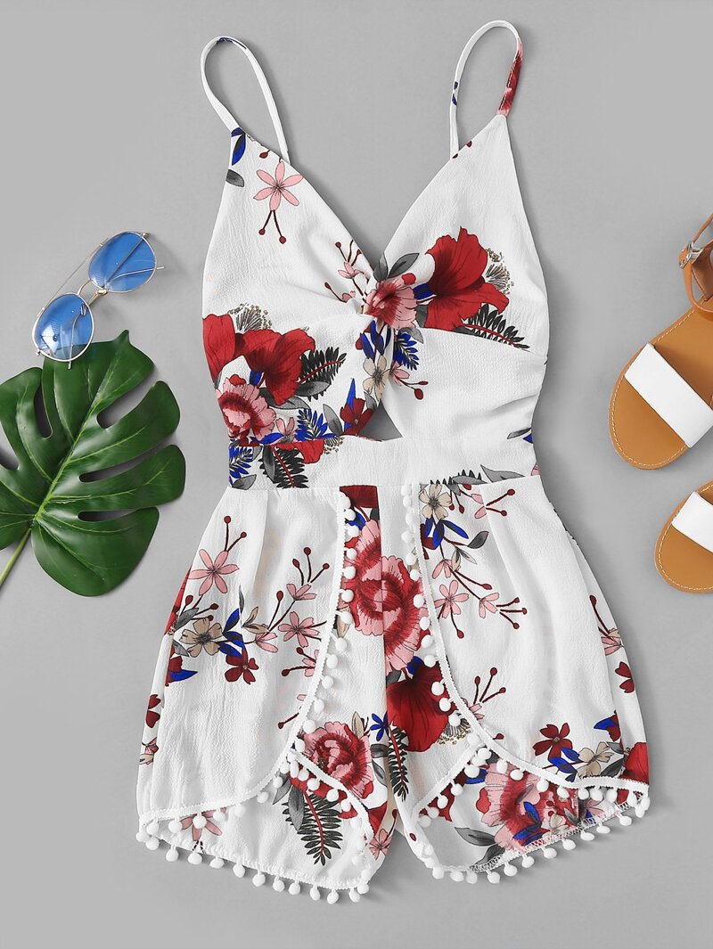 

Pom Pom Trim Floral Cami Romper, Multicolor