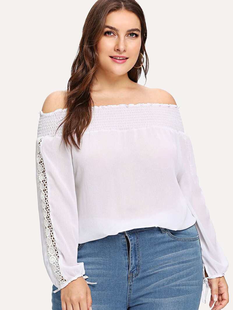 

Plus Pleated Off Shoulder Blouse, White, Franziska