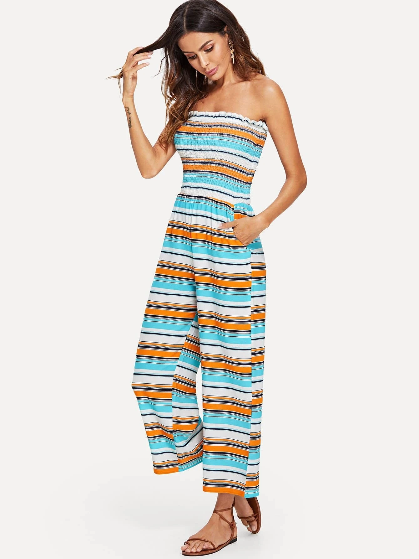 striped tube jumpsuit