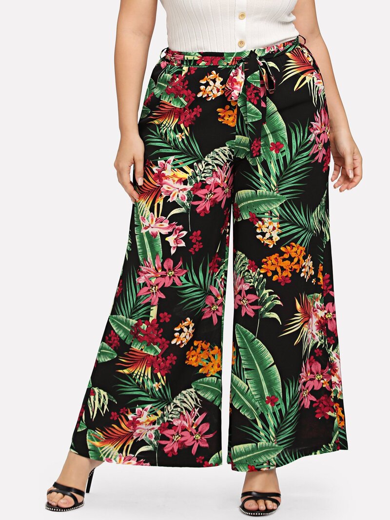 

Plus Tie Waist Floral Print Pants, Multicolor