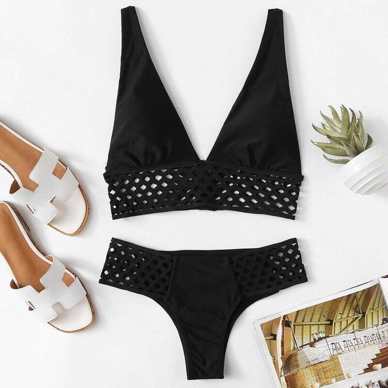 

Deep Plunge Top With Laser Cut Bikini Set, Black