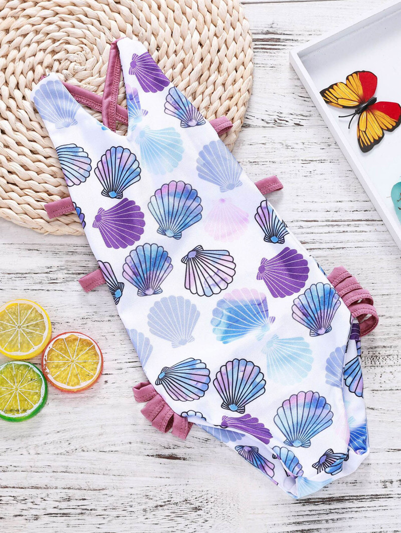 

Girls Shell Print Lace Up Swimsuit, Purple