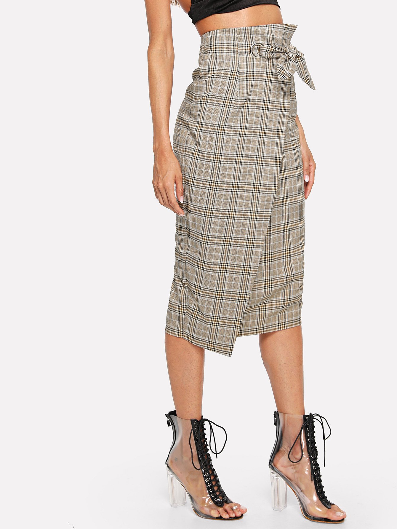 Grommet Belted Waist Plaid Wrap Skirt SHEIN USA