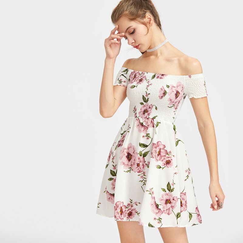 

Floral Print Smocked Bardot Dress, White