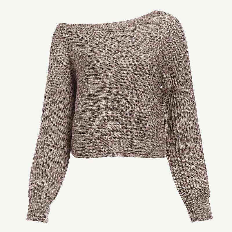 

Asymmetrical Shoulder Flecked Sweater, Brown