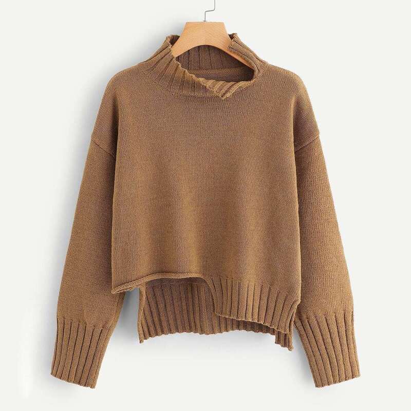 

Asymmetrical Hem Slit Detail Drop Shoulder Sweater, Brown