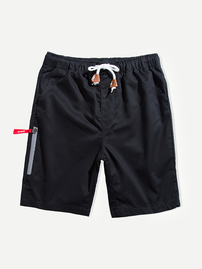 

Men Zip Side Letter Print Drawstring Shorts, Black