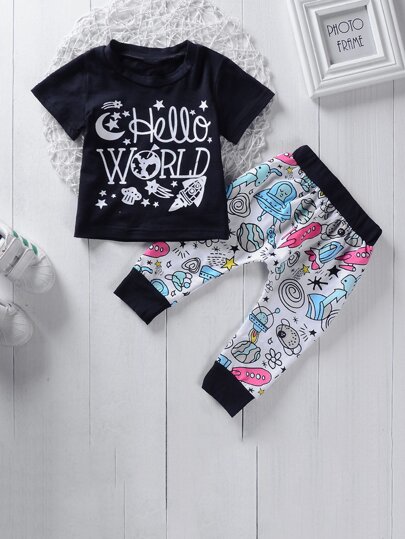 تي شيرت بناتي بطباعة كارتوني وحروف مع سروال