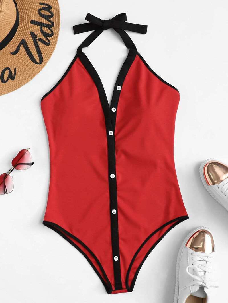 

Contrast Trim Button Front Halter Bodysuit, Red