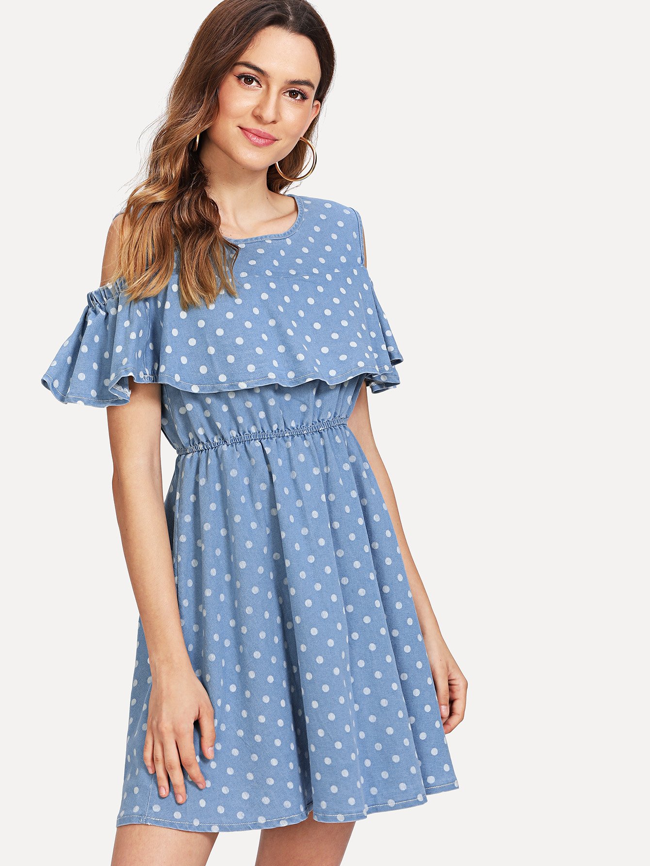 open shoulder polka dot denim dress -shein(sheinside)